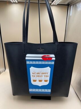 Kate Spade Tote with Blue Coffee Cup and Red Lip Design Fun and Unique Kate Tote